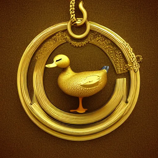 Prompt: a 3d render of a duck wearing a gold chain, the chain is around the ducks neck, digital art