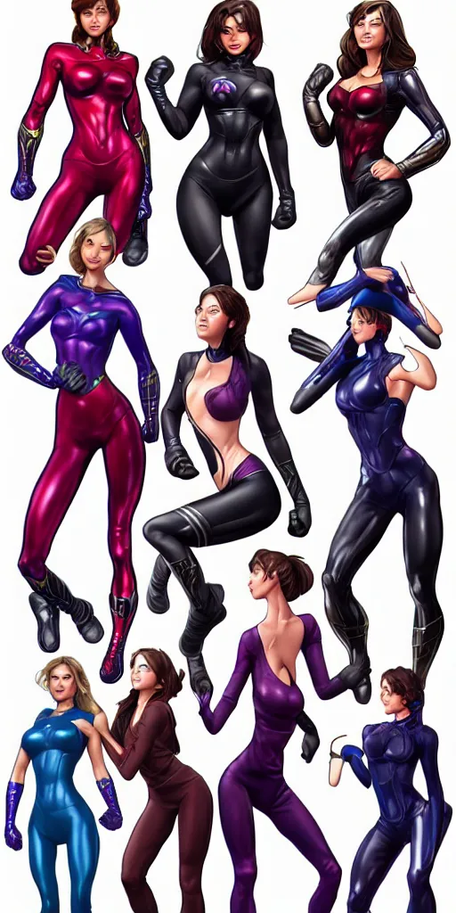 Image similar to a ultra detailed group of women super hero's in tight fitting clothes, very cute, very hot, trending on artstation.