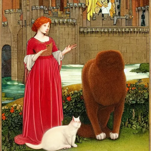 Prompt: A photorealistic portrait of a redheaded woman wearing a flower dress, admiring a cat in a castle, the cat is on a throne, in the style of Edmund Leighton