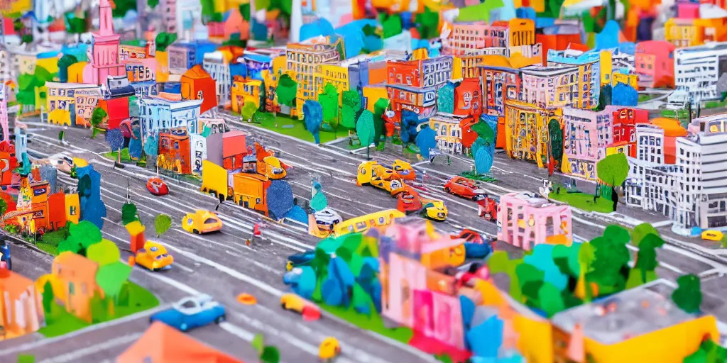 Image similar to paper craft diorama of a colorful city with people and cars