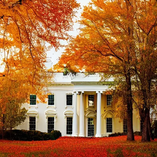 Image similar to crisp painting of a white house in an autumn forest