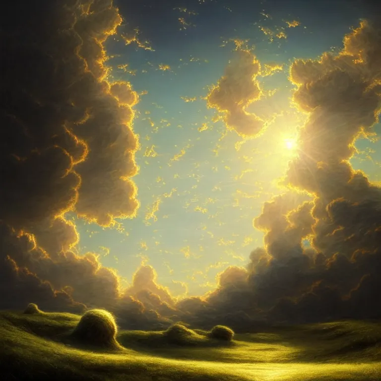 Prompt: beautiful landscape, sunny sky with fluffy clouds, iredescent soft glow bloom effect, dream - like, baroque portrait painting, perfect composition, beautiful detailed intricate detailed octane render, unreal engine 5, trending on artstation, 8 k, photorealistic, volumetric cinematic perfect light, chiaroscuro, masterpiece, raphael, caravaggio, beksinski, giger