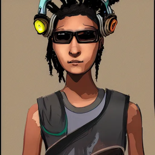 Prompt: in the style of ghostshrimp and bubbltek a highly detailed character concept illustration of a young mixed race explorer wearing a cyberpunk headpiece