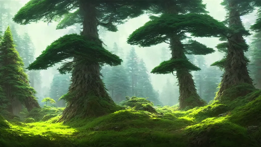 Image similar to forest clearing landscape, studio ghibli, pixar and disney animation, sharp, rendered in unreal engine 5, highly detailed, digital painting, artstation, concept art, smooth, sharp focus, illustration, wide angle, artbook, wallpaper, splash art, promo art, dramatic lighting, art by artgerm and greg rutkowski and bo chen and jin xiaodi