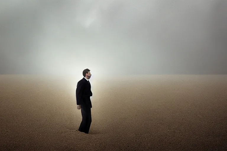 Prompt: a cinematic landscape photograph of a man dressed in a business suit trekking through a desert, dust storm, thunder and lightning, lee madgwick and zack snyder, 8 k, hd, high resolution, 3 5 mm, f / 3 2, tenet