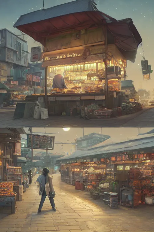 Image similar to a highly detailed matte painting of a single market stall with a sign under the moon and stars by studio ghibli, makoto shinkai, by artgerm, by wlop, by greg rutkowski, volumetric lighting, octane render, 4 k resolution, trending on artstation, masterpiece