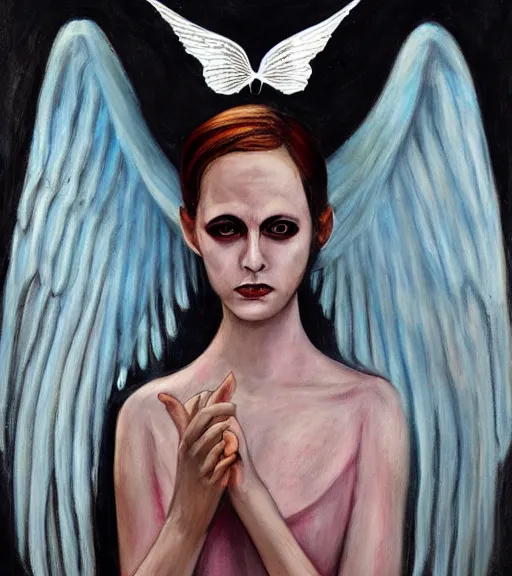 Image similar to the pale decaying beautiful girl with the most evil glowing wings, evil realm painting