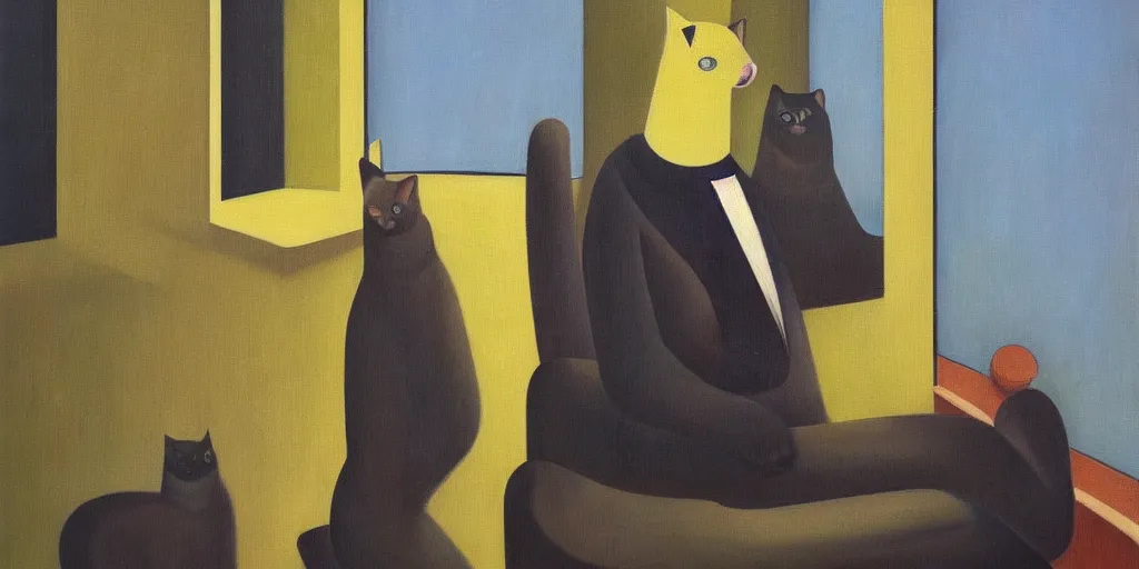 Prompt: brutalist feline robot portrait, grant wood, pj crook, edward hopper, oil on canvas