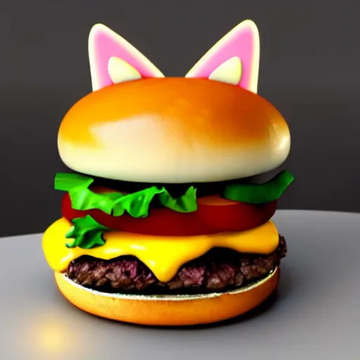 Image similar to a cat / burger hybrid, with fries, volumetric lighting, 4 k