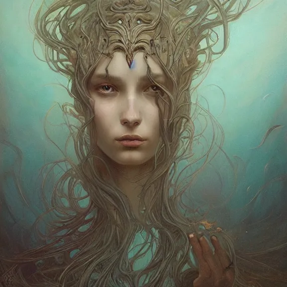 Image similar to a highly detailed beautiful portrait in the style of jean delville and in the style of peter mohrbacher.