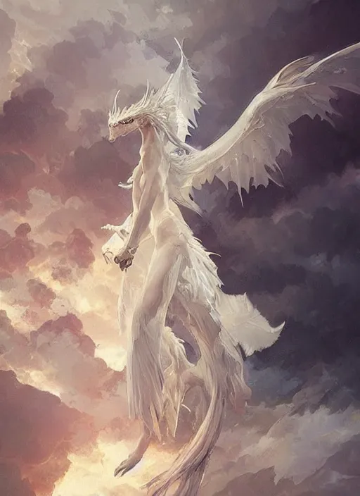 Image similar to an angelic white dragon, highly detailed, digital painting, artstation, concept art, sharp focus, illustration, art by greg rutkowski and alphonse mucha