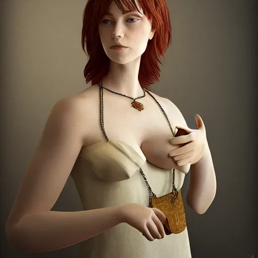 Image similar to ultra - photorealistic, a portrait of a woman that only shows her neck and chest, with a pendant with the letter p, and also shows the dress she is wearing, ultra - photorealistic, 4 k, 8 0 0 mm, uhd. winning photo of the year