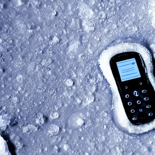 Prompt: a nokia phone, frozen in ice on the surface of the moon