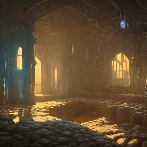 Prompt: a beautiful painting of the interior of a dungeon dimly lit with sources of blue and golden lights, Mike Winkelmann, german romanticism, Trending on artstation