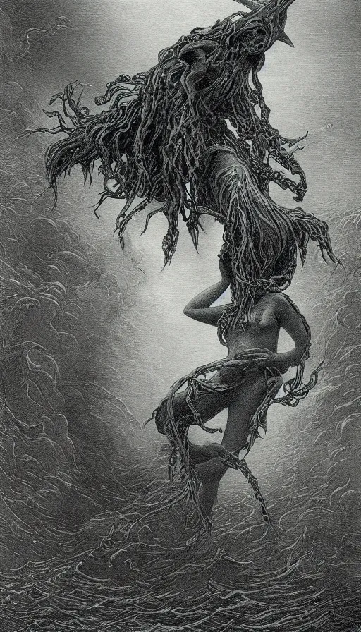 Prompt: a pentax photo of a cerulean sea witch, dark fantasy horror art, by gustave dore