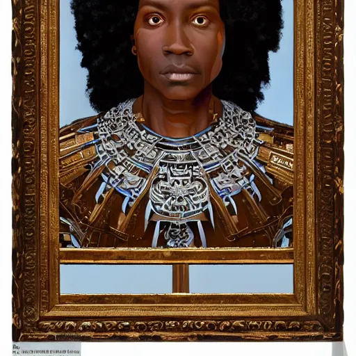 Prompt: a professionally painting of Bishop daddy Bailey, clothed in ancient battle armor, dark skin, dark hair, beautiful bone structure, symmetrical facial features, stunningly beautiful, intricate, elegant, digital painting, smooth, sharp focus, illustration, from Kehinde Wiley and Kara Walker