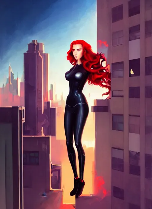 Image similar to peter mohrbacher, phil noto, artgerm, pretty scarlett johansson black widow, symmetrical eyes, long red hair, full body, city rooftop