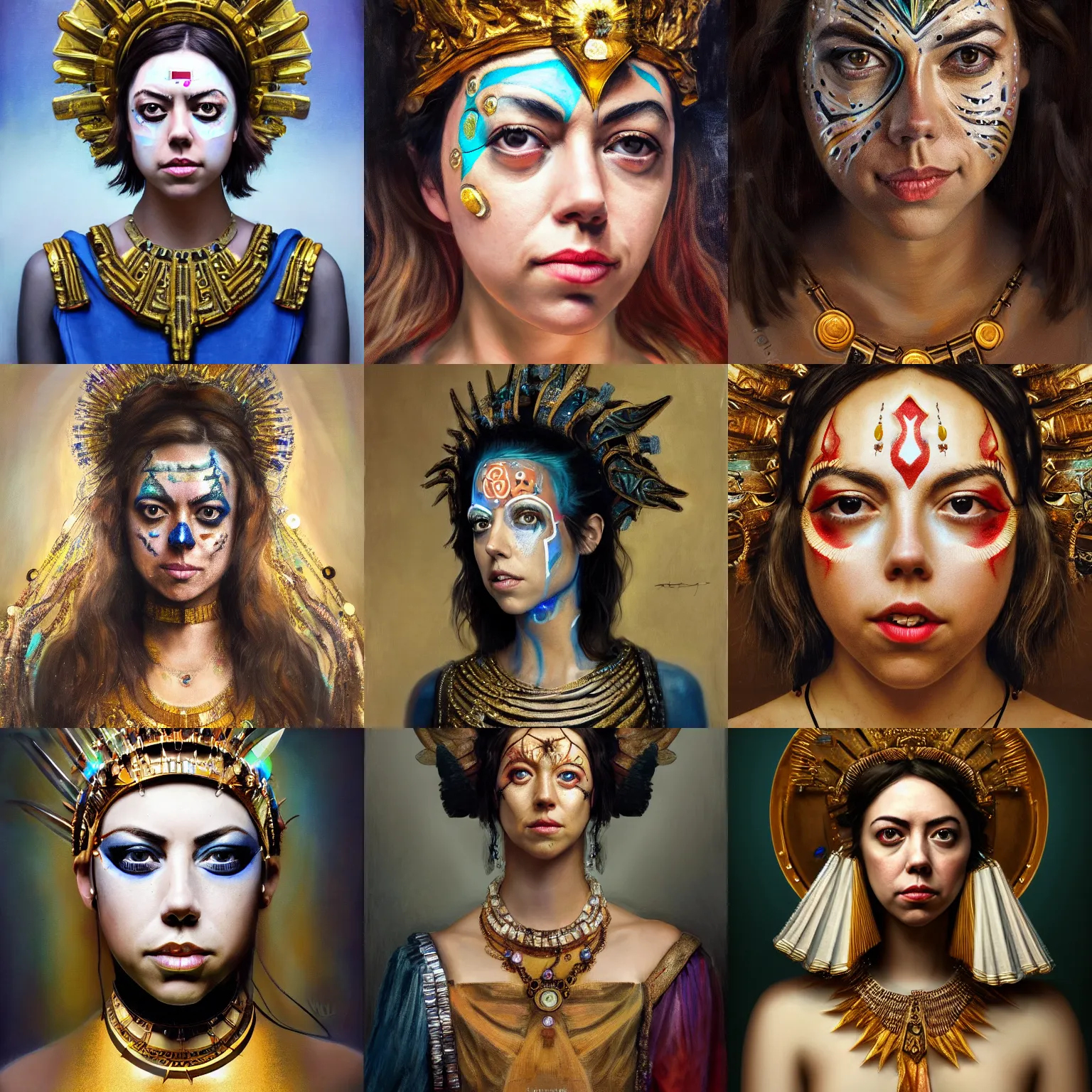 Prompt: aubrey plaza as the goddess of technology. intricate jewelry and face paint, flowing clean 4 k art trending on artstation by monet, rembrandt, oil painting, digital