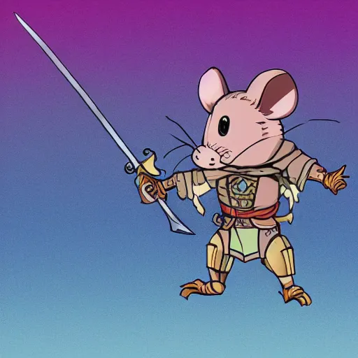 Prompt: armored mouse warrior holding a sword in one hand and reaching for a floating purple crystal with the other