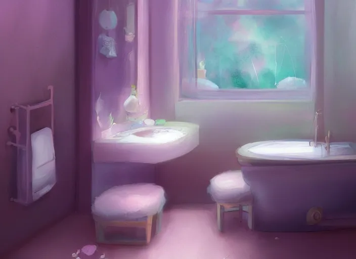 Image similar to placid pastel morning cute cluttered painterly fluffy tiny cramped bathroom trending on pixiv