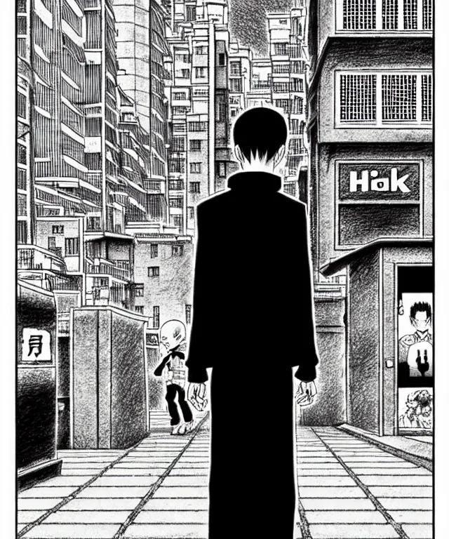 Image similar to A manga cover about a shaved-headed solo gopnik standing on the sidewalk. Sharp high quality manga cover, fine details, straight lines, architecture in the background, masterpiece, art, highly detailed drawing by Hirohiko Araki, Akatsuki Akira, Kentaro Miura