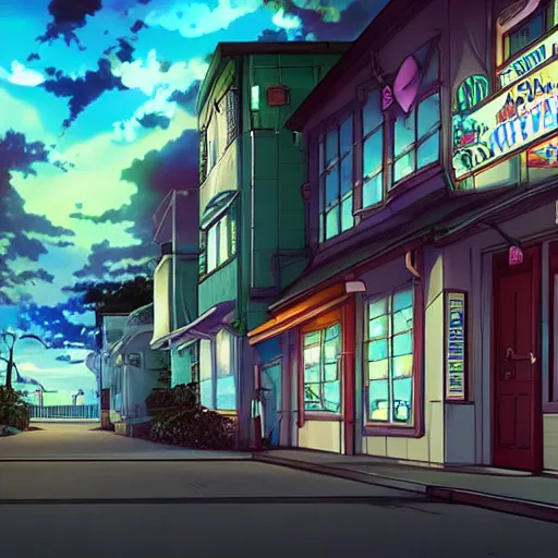 Image similar to key anime visual of a costal florida town at midnight, dark outside, modern anime style, official anime still