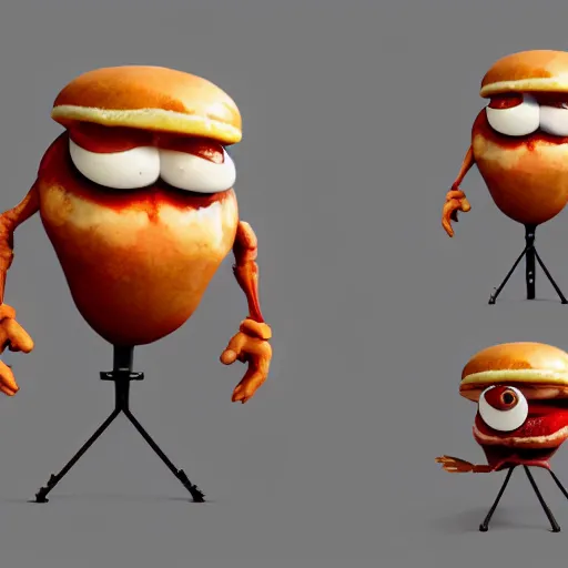 Image similar to a humanoid hamburger character with giant eyeballs and french fry arms legs, concept art painting character design, featured on artstation unreal engine 5, 3 point lighting