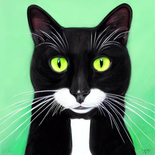 Image similar to a portrait of a beautiful black and white cat wearing a tuxedo with colorful bright green eyes, hd, 8k, hyper-realism,