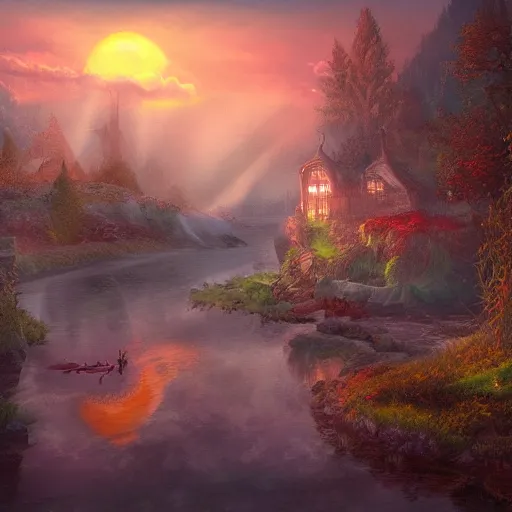 Image similar to realistic, fairytale land, sunset, detailed, trending on artstation