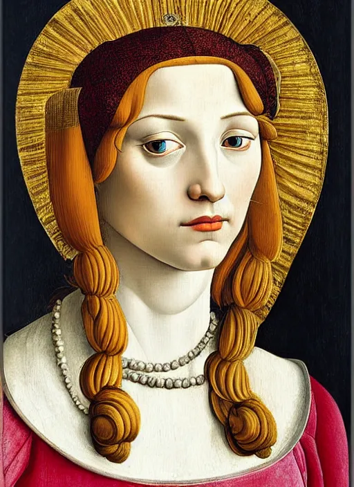 Image similar to portrait of young woman in renaissance dress and renaissance headdress, art by sandro botticelli