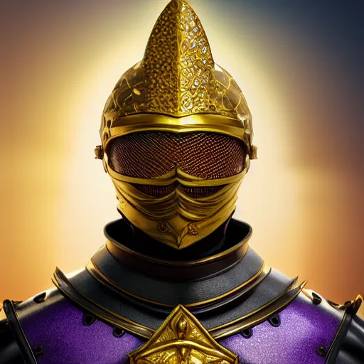 Image similar to a highly detailed knight in a golden helmet and a golden crown with a diamond in the center, glowing purple eyes, golden armor, leather clothes under the armor, leather gloves, holds a black sword, artstation, DeviantArt, professional, octane render, sunset lighting