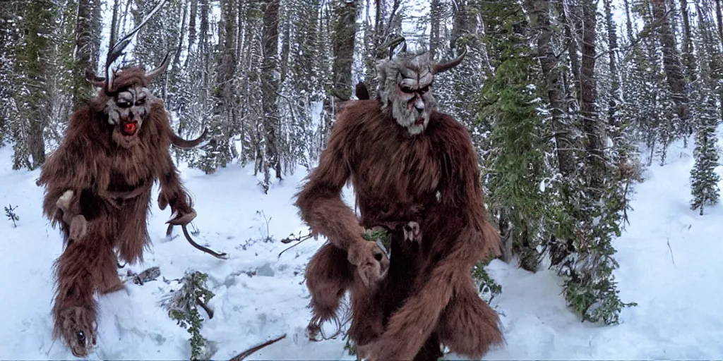 Image similar to trailcam footage of krampus in an alpine forest