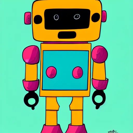 Prompt: Illustration of a cute robot character by Ana Varela, cartoon network, drawing, ink, vivid colors, Trend on Behance Illustration, illustrations for children