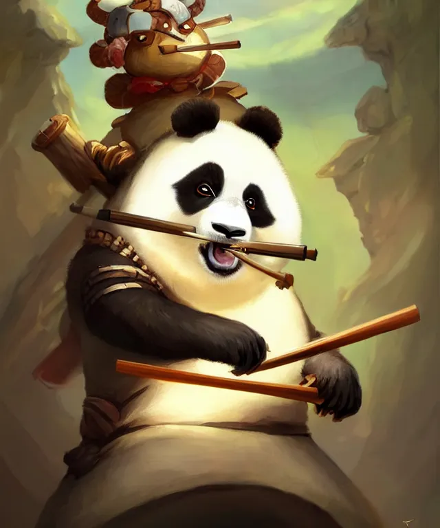 Image similar to a portrait an anthropomorphic panda samurai eating sushi, landscape in background, cute and adorable, dnd character art portrait, well rendered matte fantasy painting, deviantart artstation, by jason felix by steve argyle by tyler jacobson by peter mohrbacher, cinematic lighting