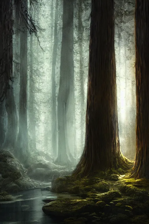 Prompt: In some of the column carved with Norse gods there is a huge glowing redwood, light filtering through the gaps in the leaves, Sparkling in the flowing creek, Tyndall effect, hone finished, concept art, fantasy, gothic cathedral, light through the mist, dramatic lighting, photorealistic, cinematic lighting, high detail, cinematic feel, high octane, 4K, Unreal Engine, digital render, intricate, ultra realistic, crepuscular ray, low angle, superwide shot, lunapunk