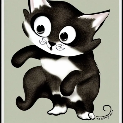 Prompt: black and white cute 50s cartoon kitten