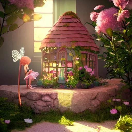 Image similar to a tiny cute fairy in a flower house, cute, adorable, volumetric light, octane render, trending on artstation