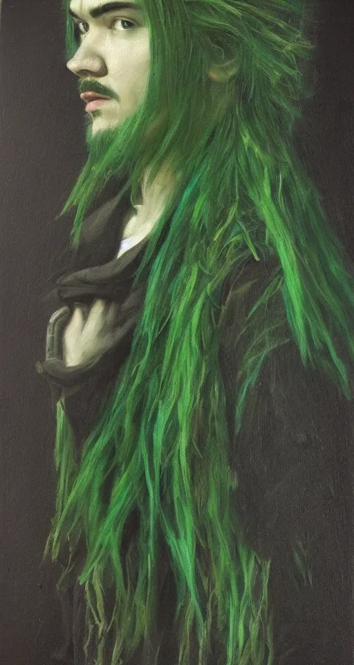 Image similar to jacksepticeye with dyed green hair renaissance portrait painting, chiaroscuro, oil paints on canvas