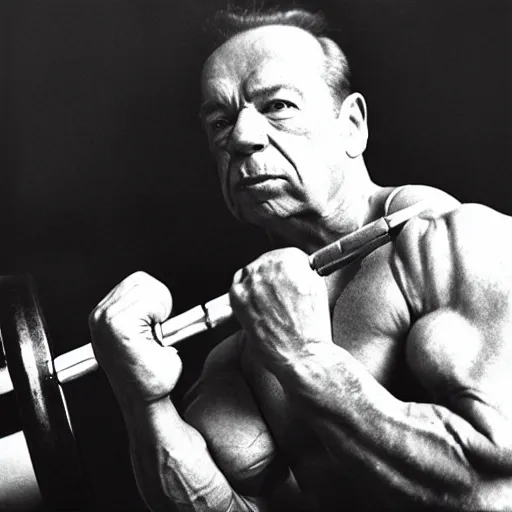 Prompt: “Wallace Shawn pumping iron with Arnold Schwarzenegger vintage 24mm”