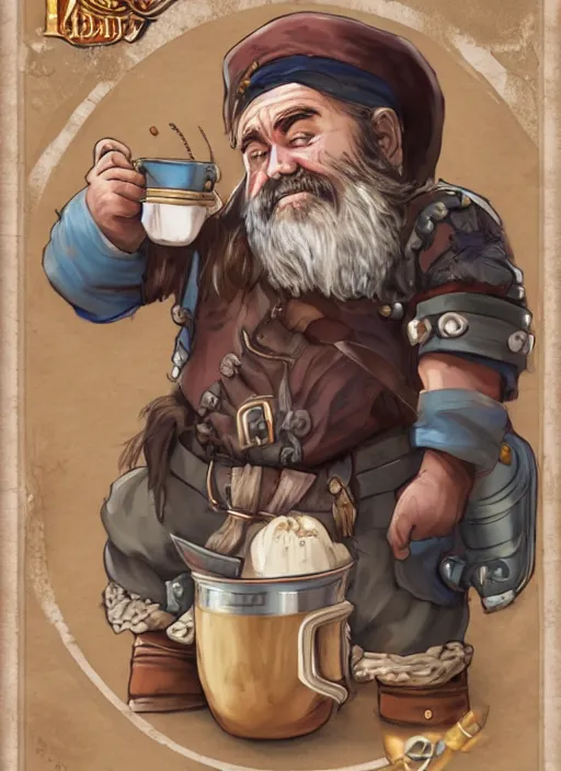 Prompt: a dwarf engineer struggles to drink coffee, young adult light novel cover art