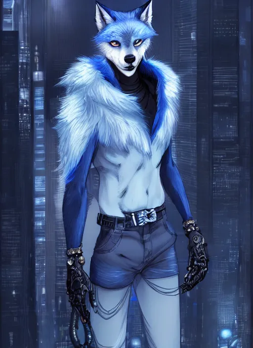 Prompt: award winning beautiful portrait commission of a male furry anthro Blue wolf fursona with a tail and a cute beautiful attractive detailed furry face wearing stylish black cyberpunk clothes in a cyberpunk city at night while it rains. Character design by charlie bowater, ross tran, artgerm, and makoto shinkai, detailed, inked, western comic book art
