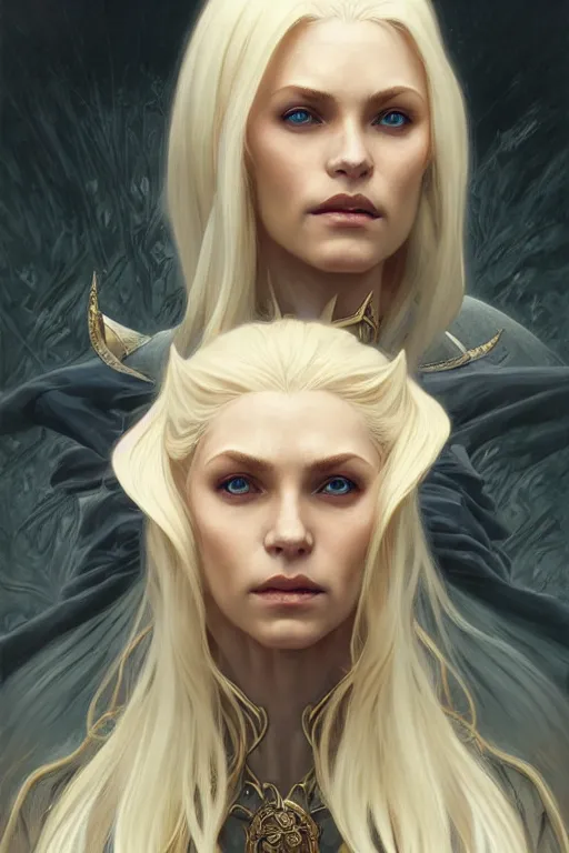 Image similar to portrait of an old blonde elven mage, dark, piercing eyes, gentle expression, elegant clothing, photorealistic, highly detailed, artstation, smooth, sharp focus, art by michael whelan, artgerm, greg rutkowski and alphonse mucha