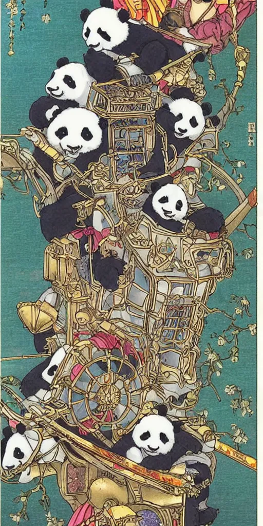 Prompt: a chariot drawn by pandas in japan, 1990s anime, full color, tarot card the chariot, highly detailed