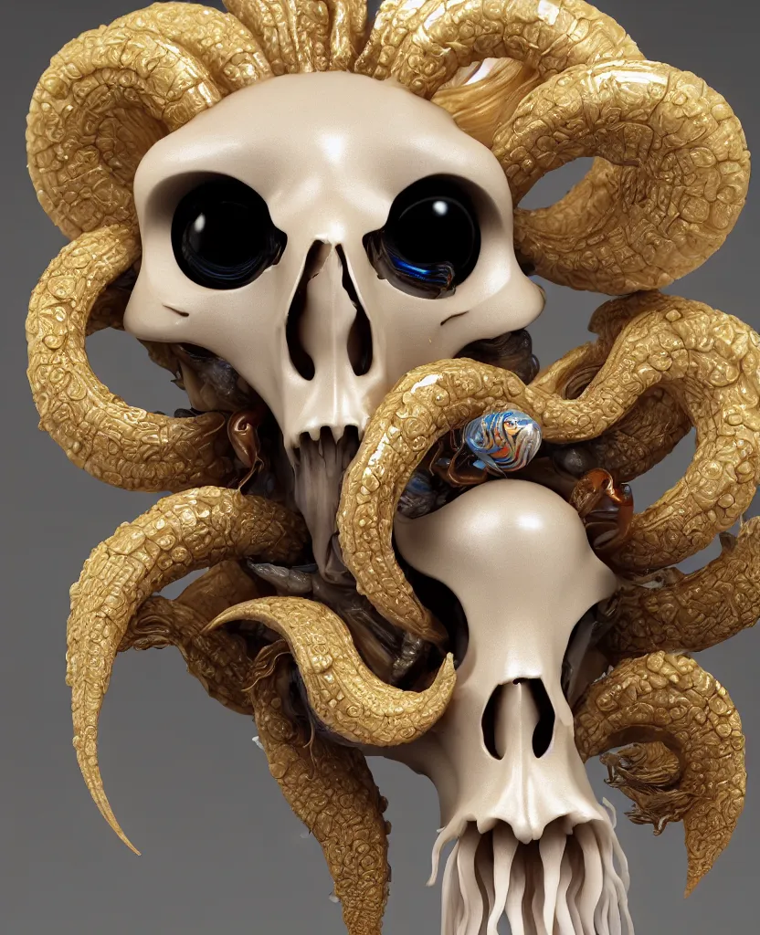 Image similar to goddess princess face close-up portrait ram skull. sculpture made of polished gold and matte obsidian. jellyfish phoenix head, nautilus, orchid, skull, betta fish, bioluminiscent creatures, intricate artwork by Tooth Wu and wlop and beeple. octane render, trending on artstation, greg rutkowski very coherent symmetrical artwork. cinematic, hyper realism, high detail, octane render, 8k