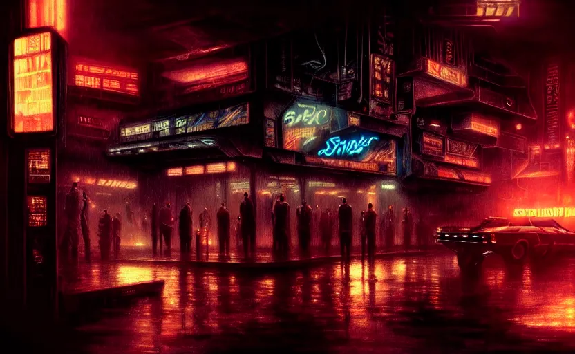 Image similar to blade runner in a dimly lit bar, fluorescent lighting, eerie, otherworldly atmosphere, detailed, photorealistic imagery, futuristic, intricate, detailed, photorealistic imagery, artstation