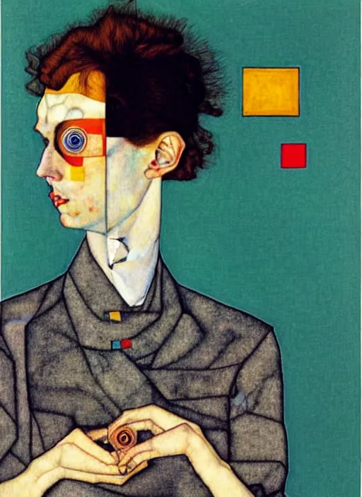Image similar to creative coder with a computer in geometric harmony, by egon schiele and quint buchholz, portrait, colorful, escher, detail