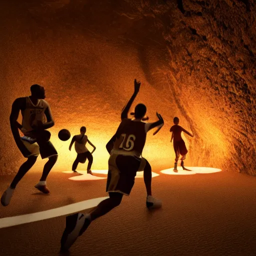 Image similar to octane render of cavemen playing basketball inside cave at night, cave lit by torch light, stalagmites