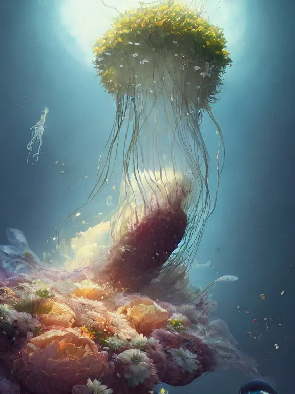 Image similar to a fancy portrait of a giant floating flower and jellyfish by Greg Rutkowski, Sung Choi, Mitchell Mohrhauser, Maciej Kuciara, Johnson Ting, Maxim Verehin, Peter Konig, Bloodborne, beeple, 8k photorealistic, cinematic lighting, HD, high details, atmospheric , trending on artstation. made in Maya, Blender and Photoshop, octane render, excellent composition, cinematic dystopian brutalist atmosphere, dynamic dramatic cinematic lighting, aesthetic, very inspirational, arthouse. y Greg Rutkowski, Ilya Kuvshinov, WLOP, Stanley Artgerm Lau, Ruan Jia and Fenghua Zhong