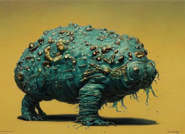 Image similar to realistic painting of a tardigrade kaiju, walking wide angle, by frank frazetta, by georgia o keeffe, by amano, slimy, reflective, scales,, big globule eye, godzilla, vintage poster retro,, oil painting, tonalism, fantasy, crispy, dune, cinematic, japanese art, tonalism