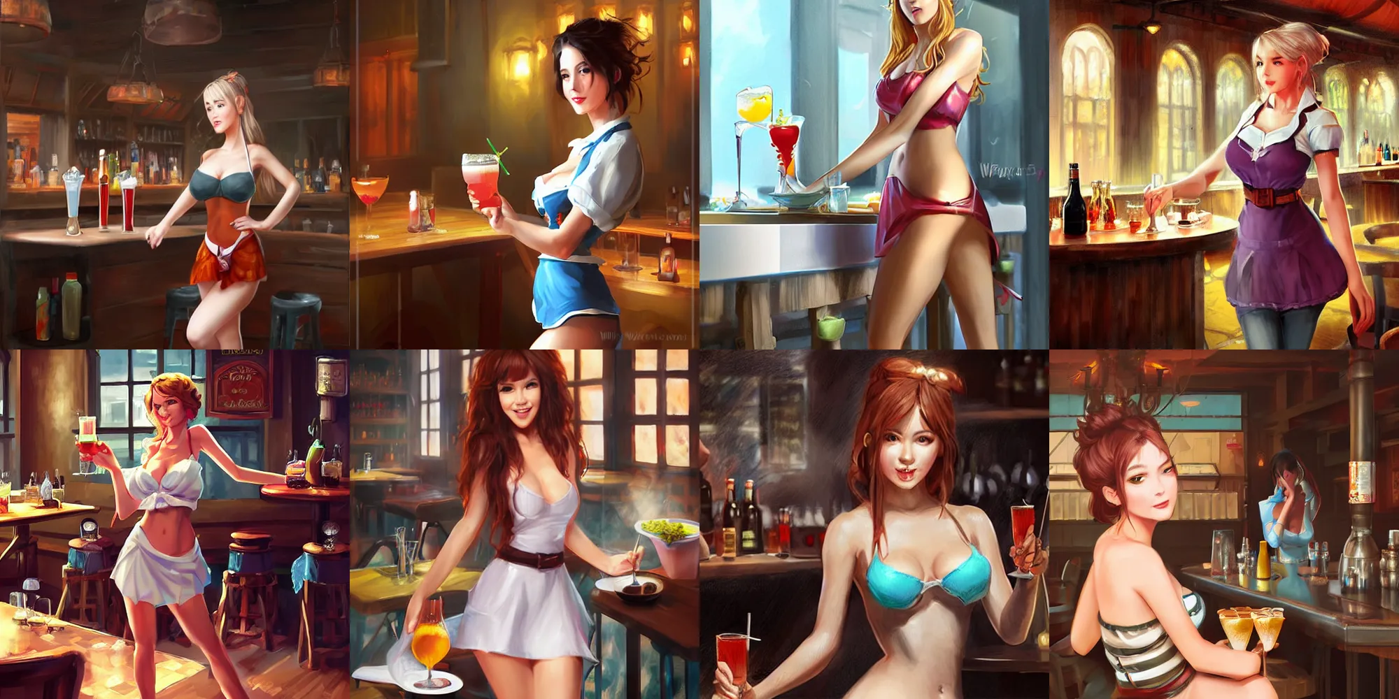 Prompt: A waitress dressed for hot weather in a fantasy tavern serves drinks to customers, digital painting by WLOP.